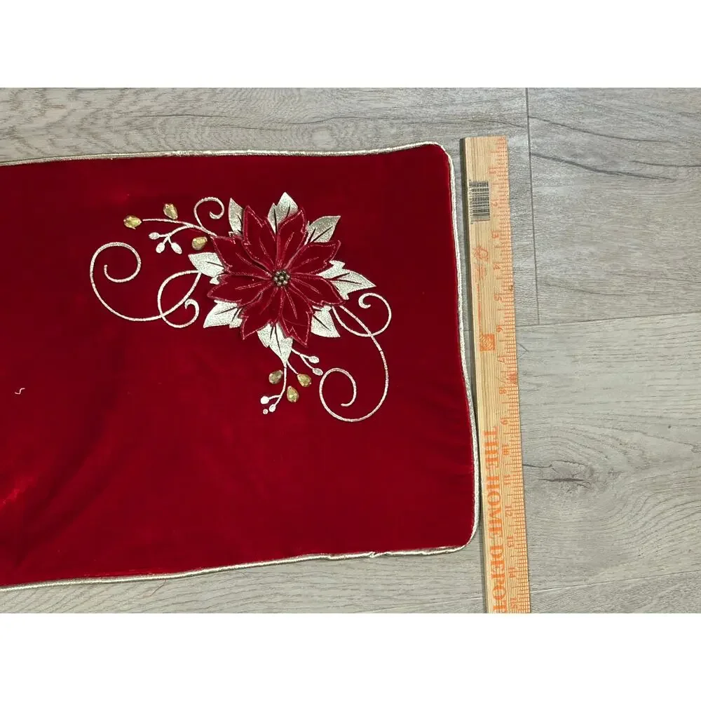 Christmas Red Velvet Table Runner Poinsettia Gold Embroidered Holiday Decor